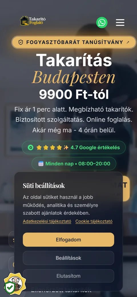 TakarítóFoglaló: mobil nézet